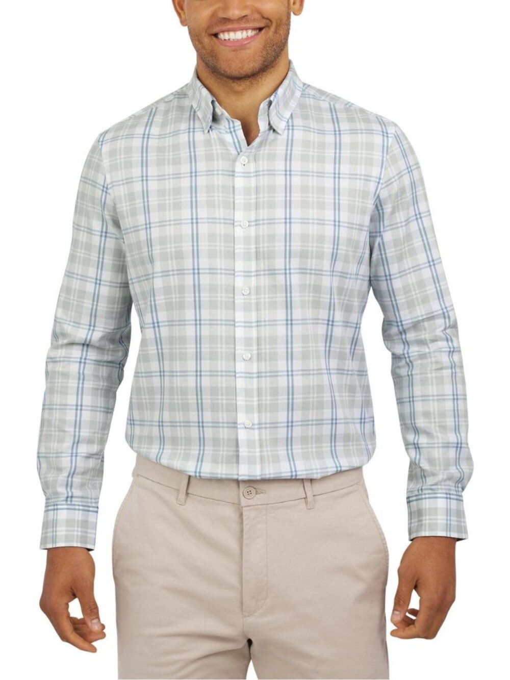 Lands’ End Men’s Button Up Shirt XL Blue Gray Plaid Long Sleeve
